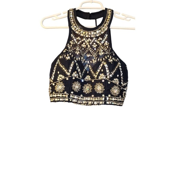 B.Darlin Juniors' BLUE HALTER NECK RHINESTONE BEADED CROPPED TOP SIZE 5/6 Vegas - Picture 7 of 16